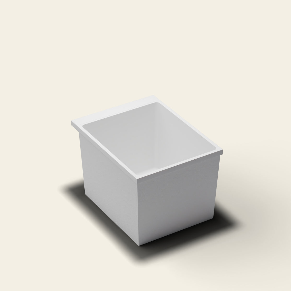 Omnitub Sheer 900 deep soaking tub in white — 900×700mm footprint, 600mm deep, near-vertical walls, hand-polished Omnigel — three-quarter [render:quarter:nofeet]