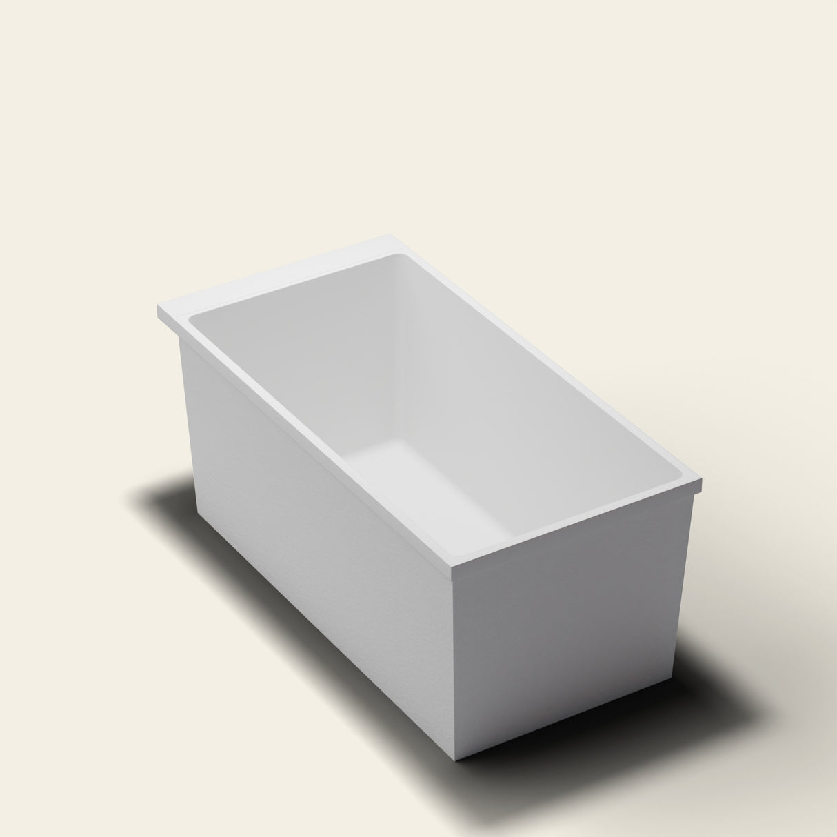 Omnitub Sheer 1400 deep soaking tub in white — 1400×700mm footprint, 600mm deep, near-vertical walls, hand-polished Omnigel — three-quarter [render:quarter:nofeet]
