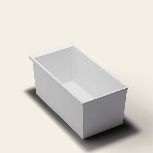 Omnitub Sheer 1400 deep soaking tub in white — 1400×700mm footprint, 600mm deep, near-vertical walls, hand-polished Omnigel — three-quarter [render:quarter:nofeet]