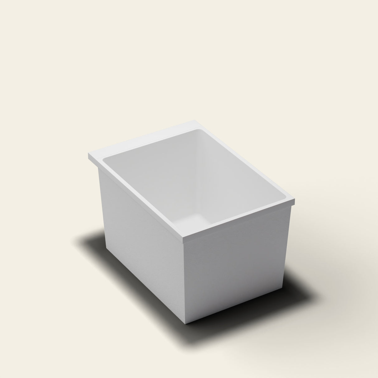 Omnitub Sheer 1000 deep soaking tub in white — 1000×700mm footprint, 600mm deep, near-vertical walls, hand-polished Omnigel — three-quarter [render:quarter:nofeet]
