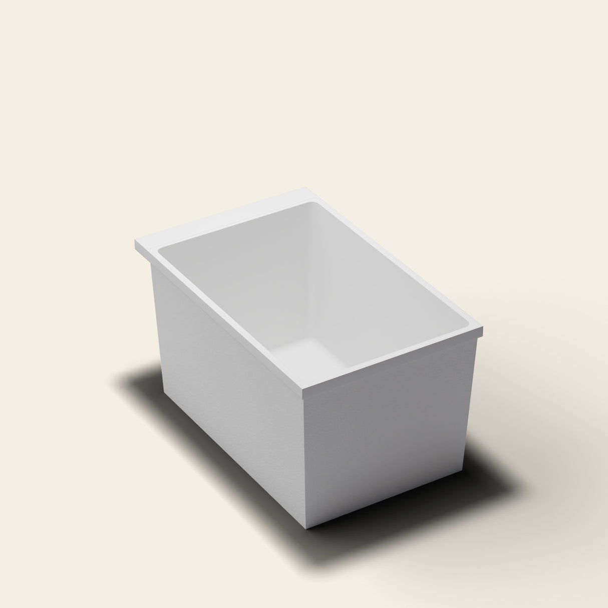 Omnitub Sheer 1100 deep soaking tub in white — 1100×700mm footprint, 600mm deep, near-vertical walls, hand-polished Omnigel — three-quarter [render:quarter:nofeet]