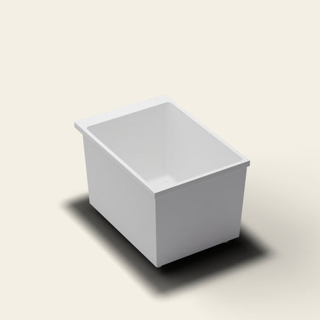 Omnitub Sheer 1000 deep soaking tub in white — 1000×700mm footprint, 600mm deep, near-vertical walls, hand-polished Omnigel, on adjustable feet — three-quarter [render:quarter:feet]