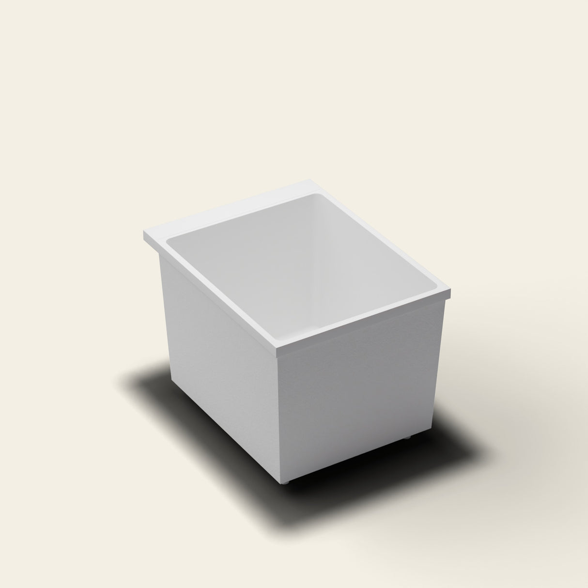 Omnitub Sheer 900 deep soaking tub in white — 900×700mm footprint, 600mm deep, near-vertical walls, hand-polished Omnigel, on adjustable feet — three-quarter [render:quarter:feet]