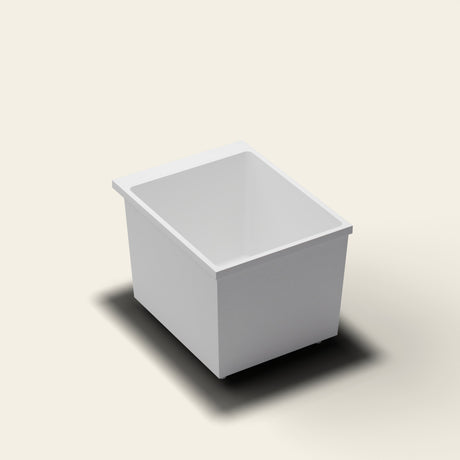 Omnitub Sheer 900 deep soaking tub in white — 900×700mm footprint, 600mm deep, near-vertical walls, hand-polished Omnigel, on adjustable feet — three-quarter [render:quarter:feet]