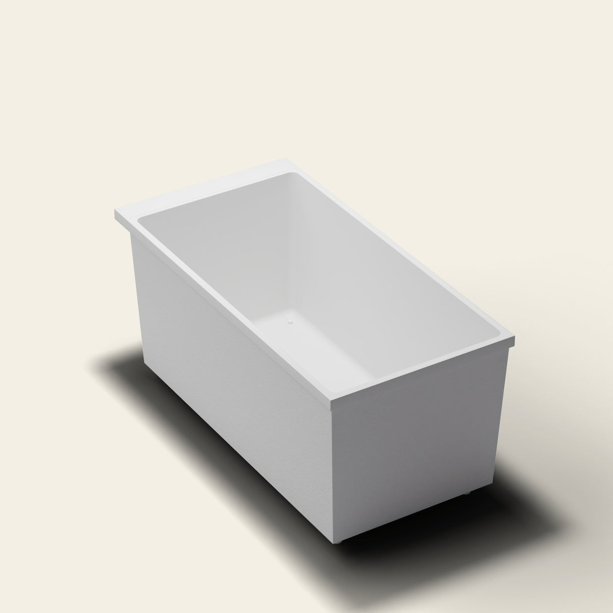 Omnitub Sheer 1400 deep soaking tub in white — 1400×700mm footprint, 600mm deep, near-vertical walls, hand-polished Omnigel, on adjustable feet — three-quarter [render:quarter:feet]