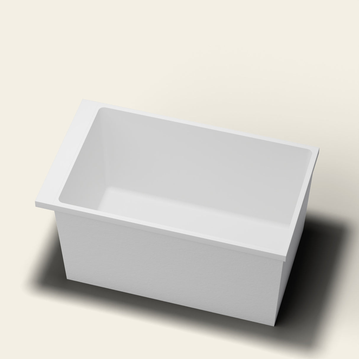 Omnitub Sheer 1200 deep soaking tub in white — 1200×700mm footprint, 600mm deep, near-vertical walls, hand-polished Omnigel — rim detail [render:rimdetail:nofeet]