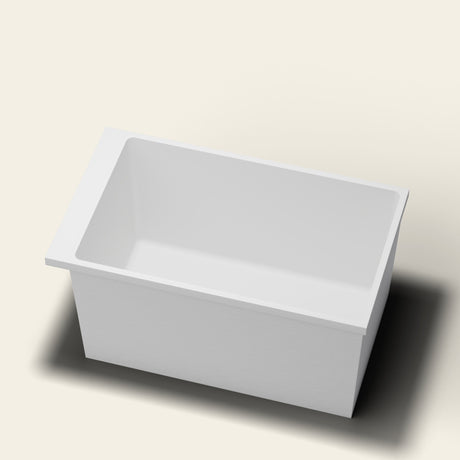 Omnitub Sheer 1200 deep soaking tub in white — 1200×700mm footprint, 600mm deep, near-vertical walls, hand-polished Omnigel — rim detail [render:rimdetail:nofeet]