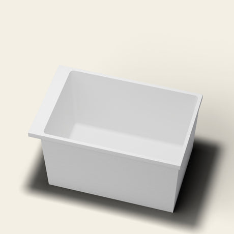 Omnitub Sheer 1100 deep soaking tub in white — 1100×700mm footprint, 600mm deep, near-vertical walls, hand-polished Omnigel — rim detail [render:rimdetail:nofeet]