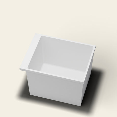 Omnitub Sheer 900 deep soaking tub in white — 900×700mm footprint, 600mm deep, near-vertical walls, hand-polished Omnigel — rim detail [render:rimdetail:nofeet]