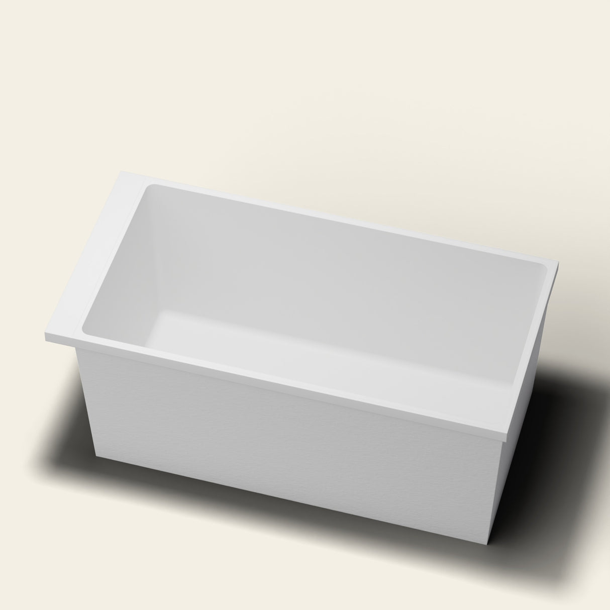 Omnitub Sheer 1400 deep soaking tub in white — 1400×700mm footprint, 600mm deep, near-vertical walls, hand-polished Omnigel — rim detail [render:rimdetail:nofeet]