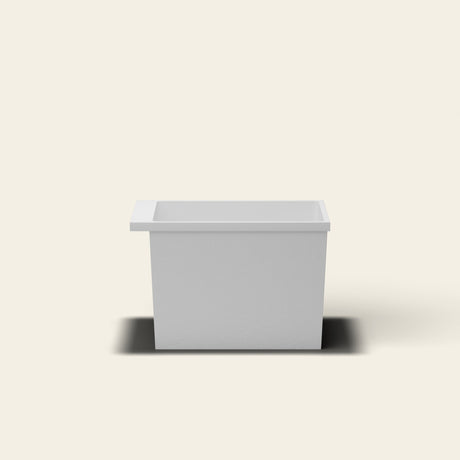 Omnitub Sheer 900 deep soaking tub in white — 900×700mm footprint, 600mm deep, near-vertical walls, hand-polished Omnigel — side elevation [render:sideon:nofeet]