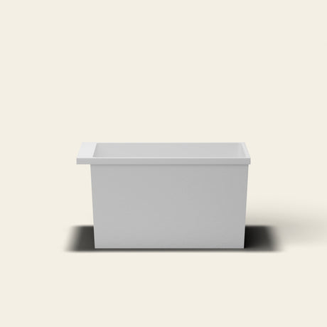 Omnitub Sheer 1100 deep soaking tub in white — 1100×700mm footprint, 600mm deep, near-vertical walls, hand-polished Omnigel — side elevation [render:sideon:nofeet]