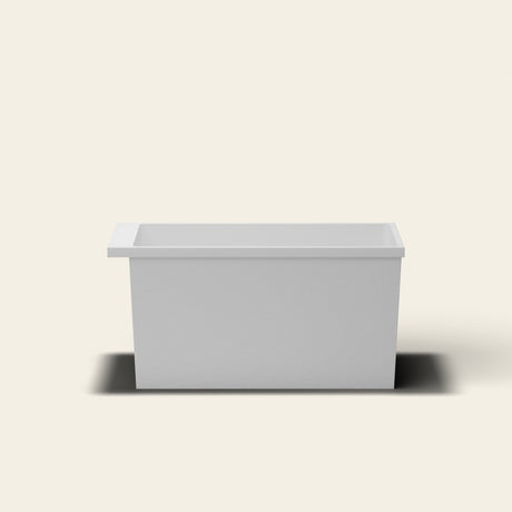 Omnitub Sheer 1200 deep soaking tub in white — 1200×700mm footprint, 600mm deep, near-vertical walls, hand-polished Omnigel — side elevation [render:sideon:nofeet]