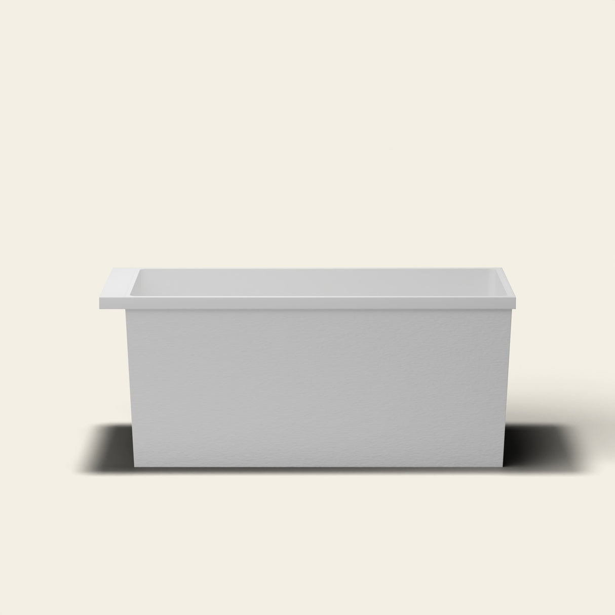 Omnitub Sheer 1400 deep soaking tub in white — 1400×700mm footprint, 600mm deep, near-vertical walls, hand-polished Omnigel — side elevation [render:sideon:nofeet]