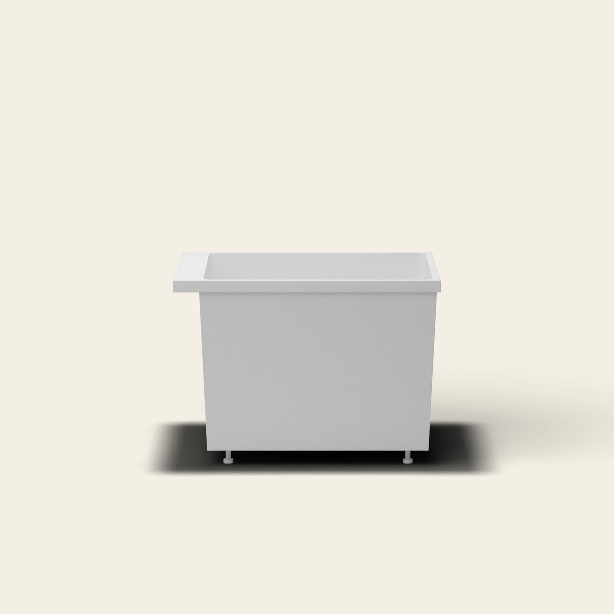 Omnitub Sheer 900 deep soaking tub in white — 900×700mm footprint, 600mm deep, near-vertical walls, hand-polished Omnigel, on adjustable feet — side elevation [render:sideon:feet]
