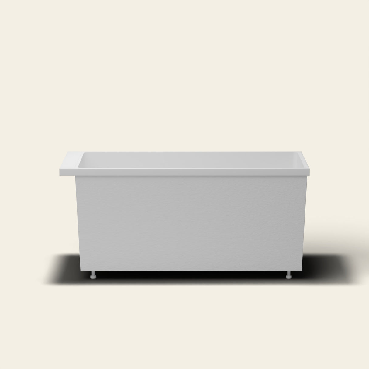 Omnitub Sheer 1400 deep soaking tub in white — 1400×700mm footprint, 600mm deep, near-vertical walls, hand-polished Omnigel, on adjustable feet — side elevation [render:sideon:feet]