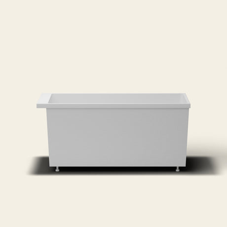 Omnitub Sheer 1400 deep soaking tub in white — 1400×700mm footprint, 600mm deep, near-vertical walls, hand-polished Omnigel, on adjustable feet — side elevation [render:sideon:feet]