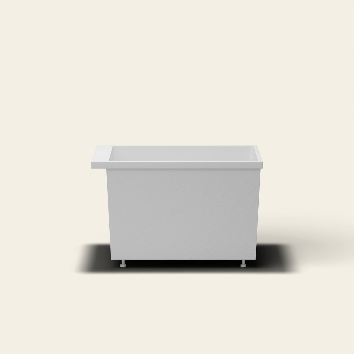 Omnitub Sheer 1000 deep soaking tub in white — 1000×700mm footprint, 600mm deep, near-vertical walls, hand-polished Omnigel, on adjustable feet — side elevation [render:sideon:feet]