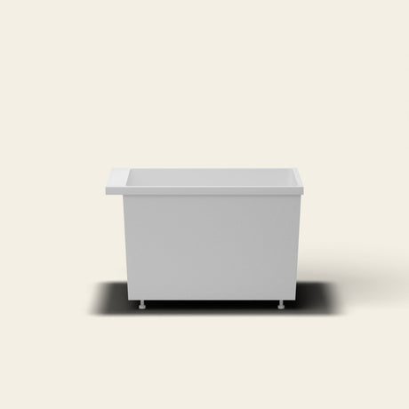 Omnitub Sheer 1000 deep soaking tub in white — 1000×700mm footprint, 600mm deep, near-vertical walls, hand-polished Omnigel, on adjustable feet — side elevation [render:sideon:feet]