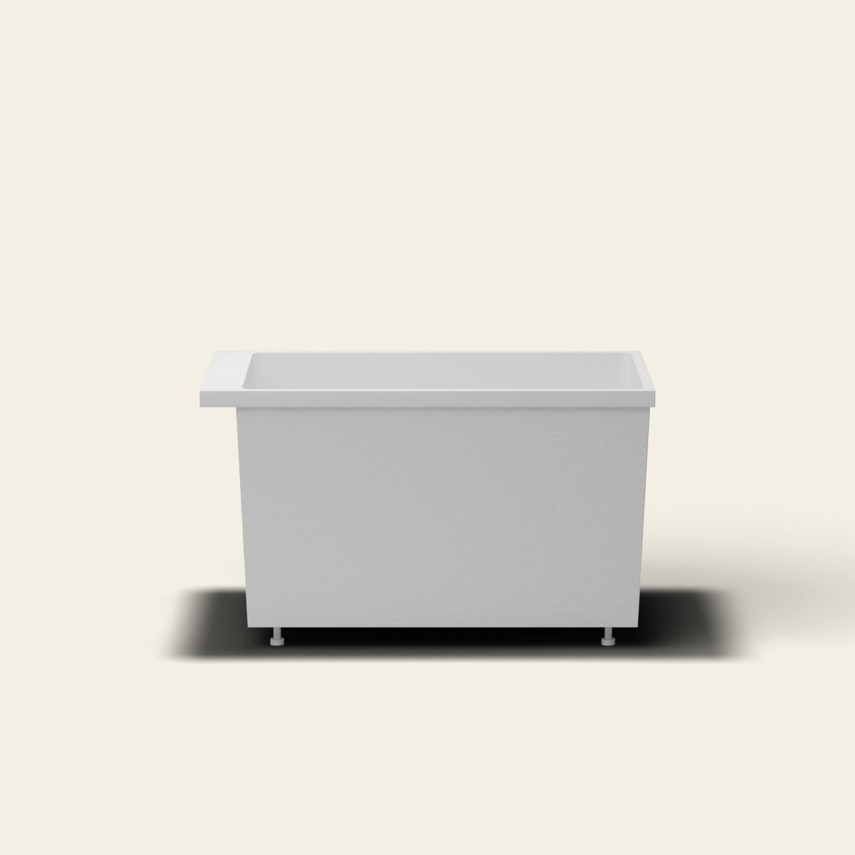 Omnitub Sheer 1100 deep soaking tub in white — 1100×700mm footprint, 600mm deep, near-vertical walls, hand-polished Omnigel, on adjustable feet — side elevation [render:sideon:feet]