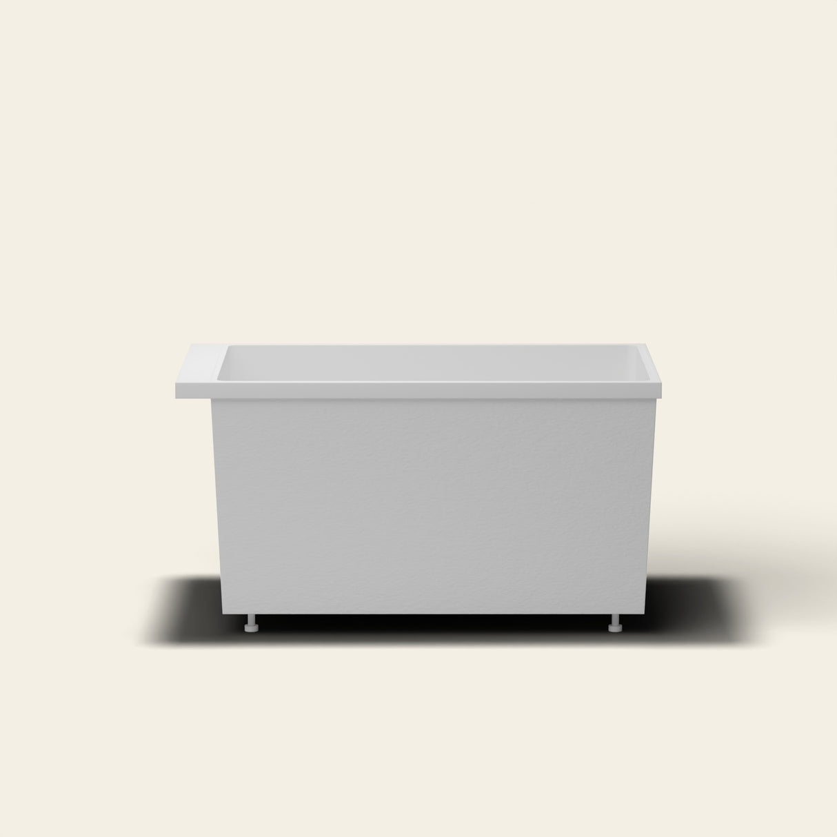 Omnitub Sheer 1200 deep soaking tub in white — 1200×700mm footprint, 600mm deep, near-vertical walls, hand-polished Omnigel, on adjustable feet — side elevation [render:sideon:feet]