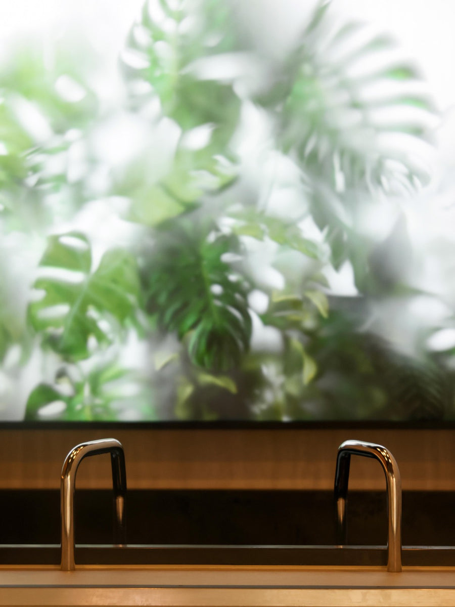 Polished grab-rails against the botanical glass