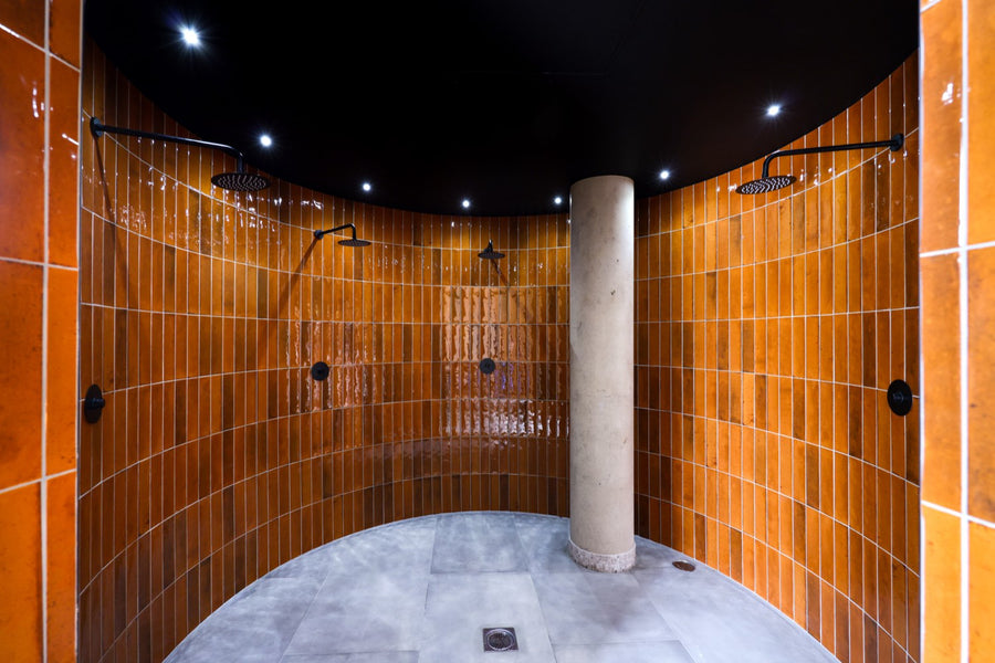 The domed, burnt-orange tiled steam room