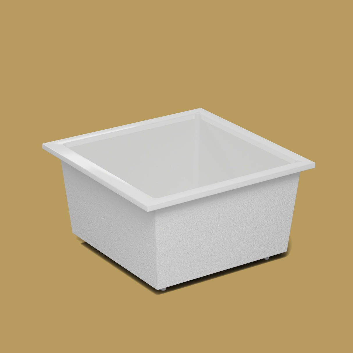 1200 x 1200 Deep Soaking Tub – 600mm Depth – Square – Omnitub — side three-quarter on the feet kit [render:ext3q:feet] [bg:brass]