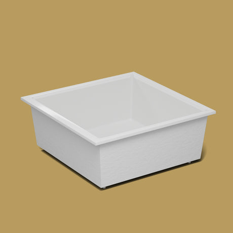 1600 x 1600 Deep Soaking Tub – 600mm Depth – Extra Large Square – Omnitub — side three-quarter on the feet kit [render:ext3q:feet] [bg:brass]