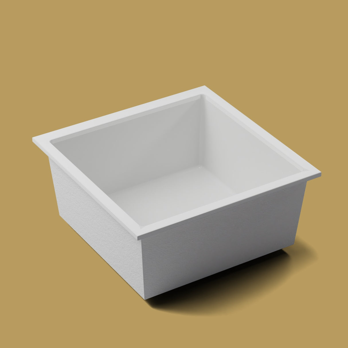 1400 x 1400 Deep Soaking Tub – 600mm Depth – Square – Omnitub — three-quarter on the feet kit [render:quarter:feet] [bg:brass]