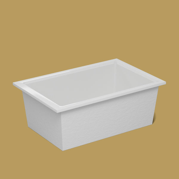 1600 x 1050 Deep Soaking Tub – 600mm Depth – Wide Rectangular – Omnitub — side three-quarter [render:ext3q:nofeet] [bg:brass]