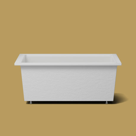 1600 x 1050 Deep Soaking Tub – 600mm Depth – Wide Rectangular – Omnitub — side elevation on the feet kit [render:sideon:feet] [bg:brass]