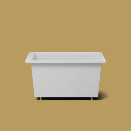1250 x 1050 Deep Soaking Tub – 600mm Depth – Wide Rectangular – Omnitub — side elevation on the feet kit [render:sideon:feet] [bg:brass]