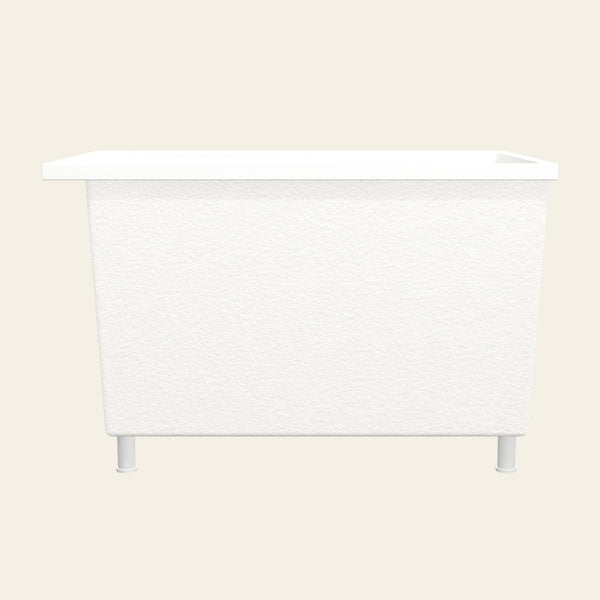 Omnitub Sheer 1100 deep soaking tub in white with feet — Side profile