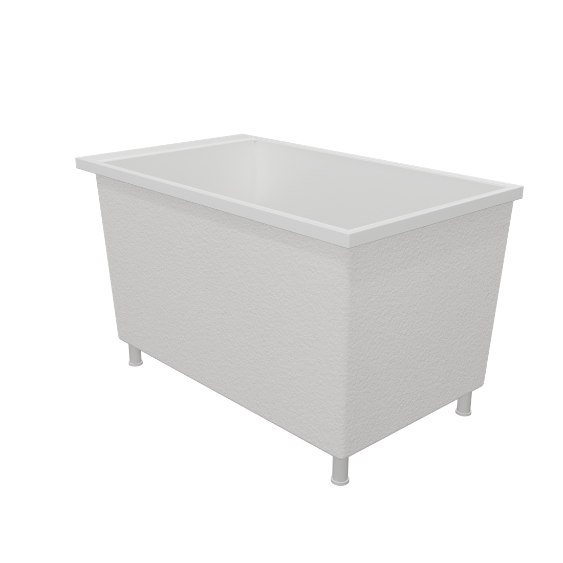 Omnitub Sheer 1200 deep soaking tub — 1200 × 700mm footprint, 600mm internal depth, near-vertical walls, white, on feet, handmade in Britain