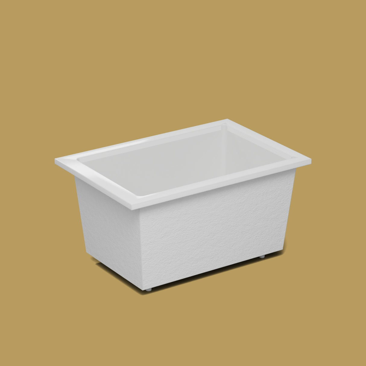 1250 x 850 Deep Soaking Tub – 600mm Depth – Rectangular – Omnitub — side three-quarter on the feet kit [render:ext3q:feet] [bg:brass]