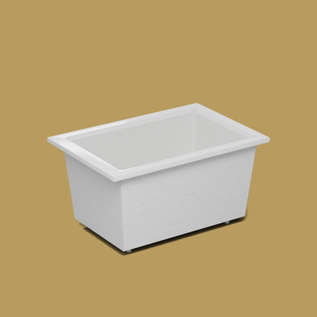 1250 x 850 Deep Soaking Tub – 600mm Depth – Rectangular – Omnitub — side three-quarter on the feet kit [render:ext3q:feet] [bg:brass]