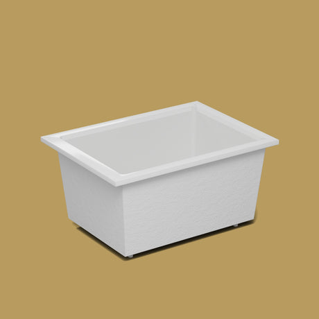 1300 x 950 Deep Soaking Tub – 600mm Depth – Rectangular – Omnitub — side three-quarter on the feet kit [render:ext3q:feet] [bg:brass]