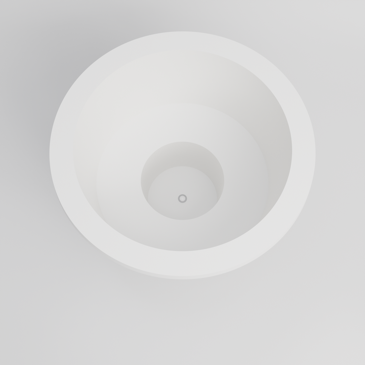 Omnitub 1500 Round Seated Soaking Tub in white — matt finish, 1500mm diameter, 1000mm internal depth with a 600mm seat and central footwell, looking down into the seat ring and central footwell, handmade in Britain [render:round:02-looking-in]