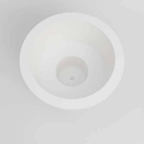 Omnitub 1500 Round Seated Soaking Tub in white — matt finish, 1500mm diameter, 1000mm internal depth with a 600mm seat and central footwell, looking down into the seat ring and central footwell, handmade in Britain [render:round:02-looking-in]