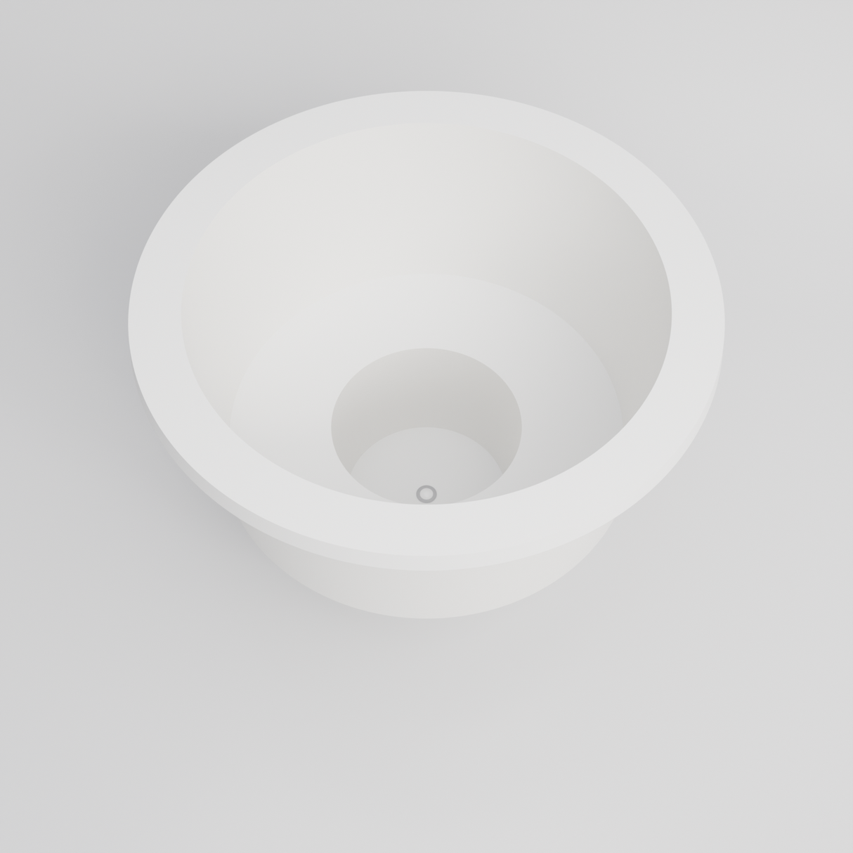Omnitub 1500 Round Seated Soaking Tub in white — matt finish, 1500mm diameter, 1000mm internal depth with a 600mm seat and central footwell, high three-quarter showing the seat and interior, handmade in Britain [render:round:03-high-3q]