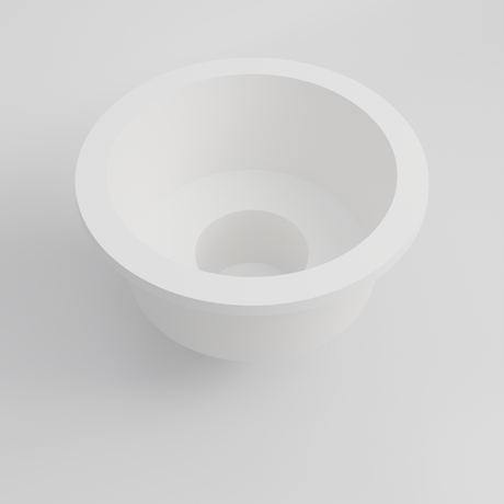 Omnitub 1500 Round Seated Soaking Tub in white — matt finish, 1500mm diameter, 1000mm internal depth with a 600mm seat and central footwell, tipped three-quarter looking in, handmade in Britain [render:round:05-tipped-in]