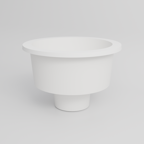 Omnitub 1500 Round Seated Soaking Tub in white — matt finish, 1500mm diameter, 1000mm internal depth with a 600mm seat and central footwell, side elevation, handmade in Britain [render:round:06-side-elevation]