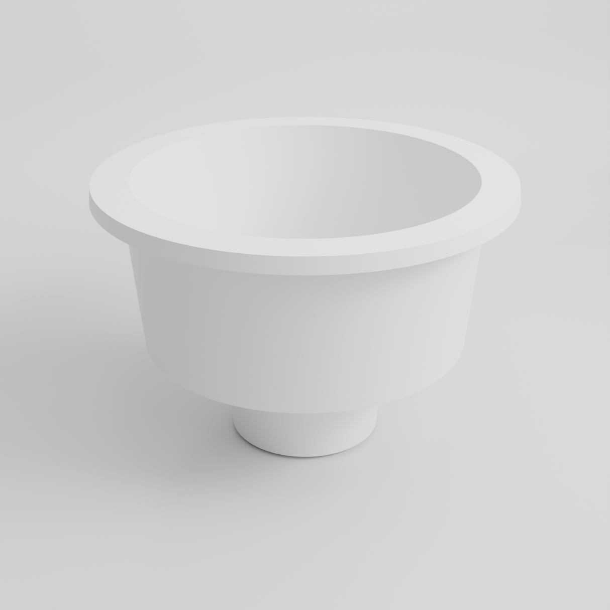 Omnitub 1500 Round Seated Soaking Tub in white — matt finish, 1500mm diameter, 1000mm internal depth with a 600mm seat and central footwell, exterior hero, handmade in Britain [render:round:07-exterior-hero]