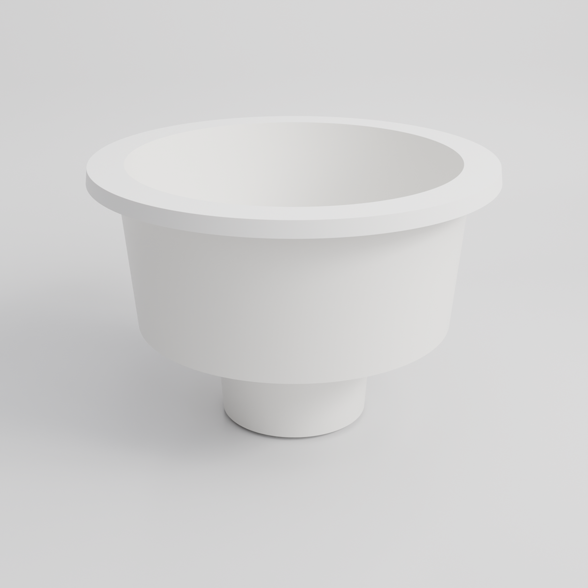 Omnitub 1500 Round Seated Soaking Tub in white — matt finish, 1500mm diameter, 1000mm internal depth with a 600mm seat and central footwell, low angle showing the form, handmade in Britain [render:round:09-low-hollow]
