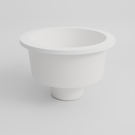 Omnitub 1500 Round Seated Soaking Tub in white — matt finish, 1500mm diameter, 1000mm internal depth with a 600mm seat and central footwell, low angle showing the form, handmade in Britain [render:round:09-low-hollow]