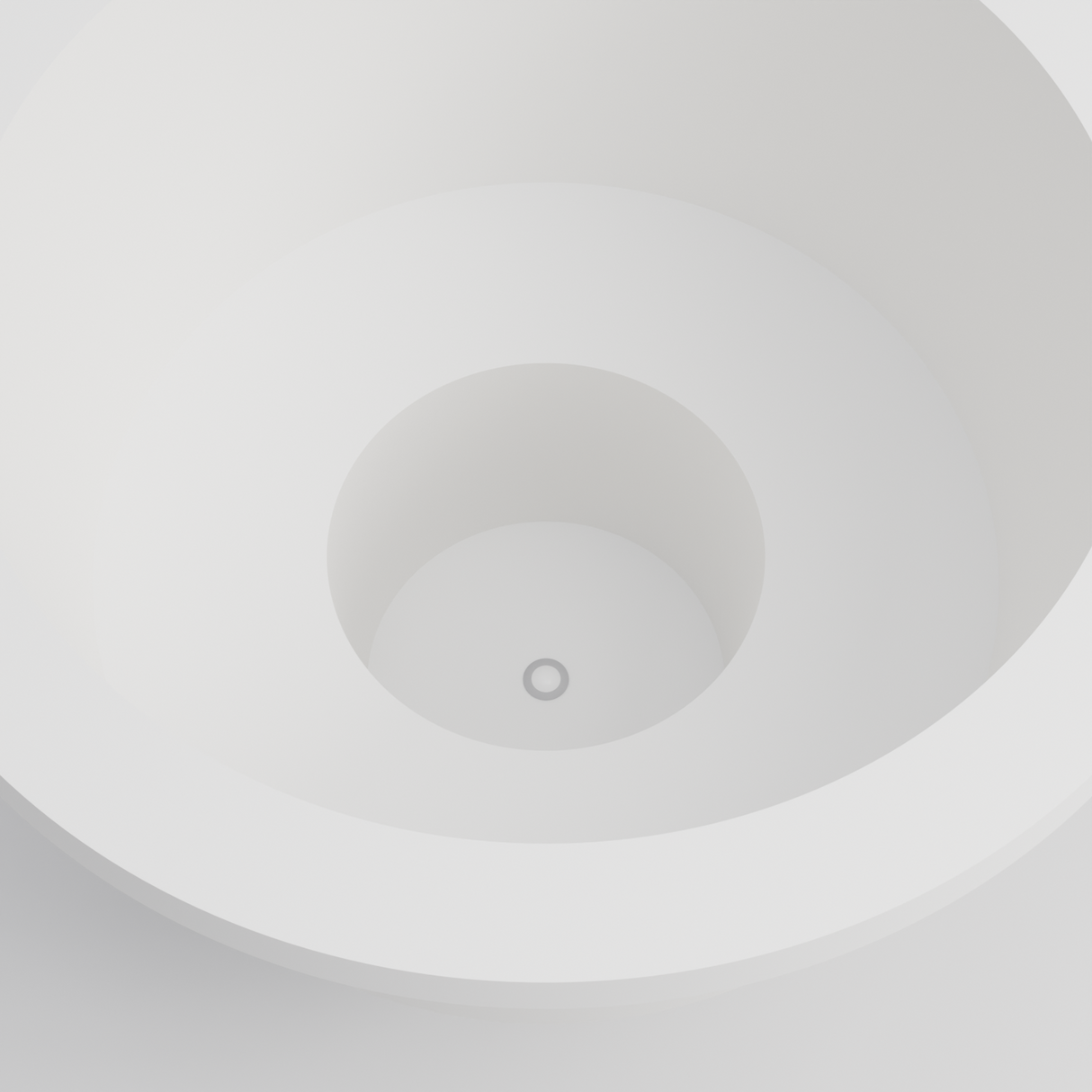 Omnitub 1500 Round Seated Soaking Tub in white — matt finish, 1500mm diameter, 1000mm internal depth with a 600mm seat and central footwell, close detail of the seat and waste, handmade in Britain [render:round:10-seat-detail]