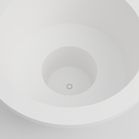 Omnitub 1500 Round Seated Soaking Tub in white — matt finish, 1500mm diameter, 1000mm internal depth with a 600mm seat and central footwell, close detail of the seat and waste, handmade in Britain [render:round:10-seat-detail]