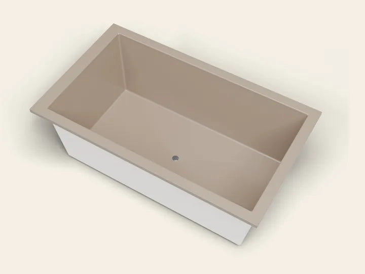 An Omnitub 1800 × 1050 deep soaking bath in RAL 1019 Grey Beige