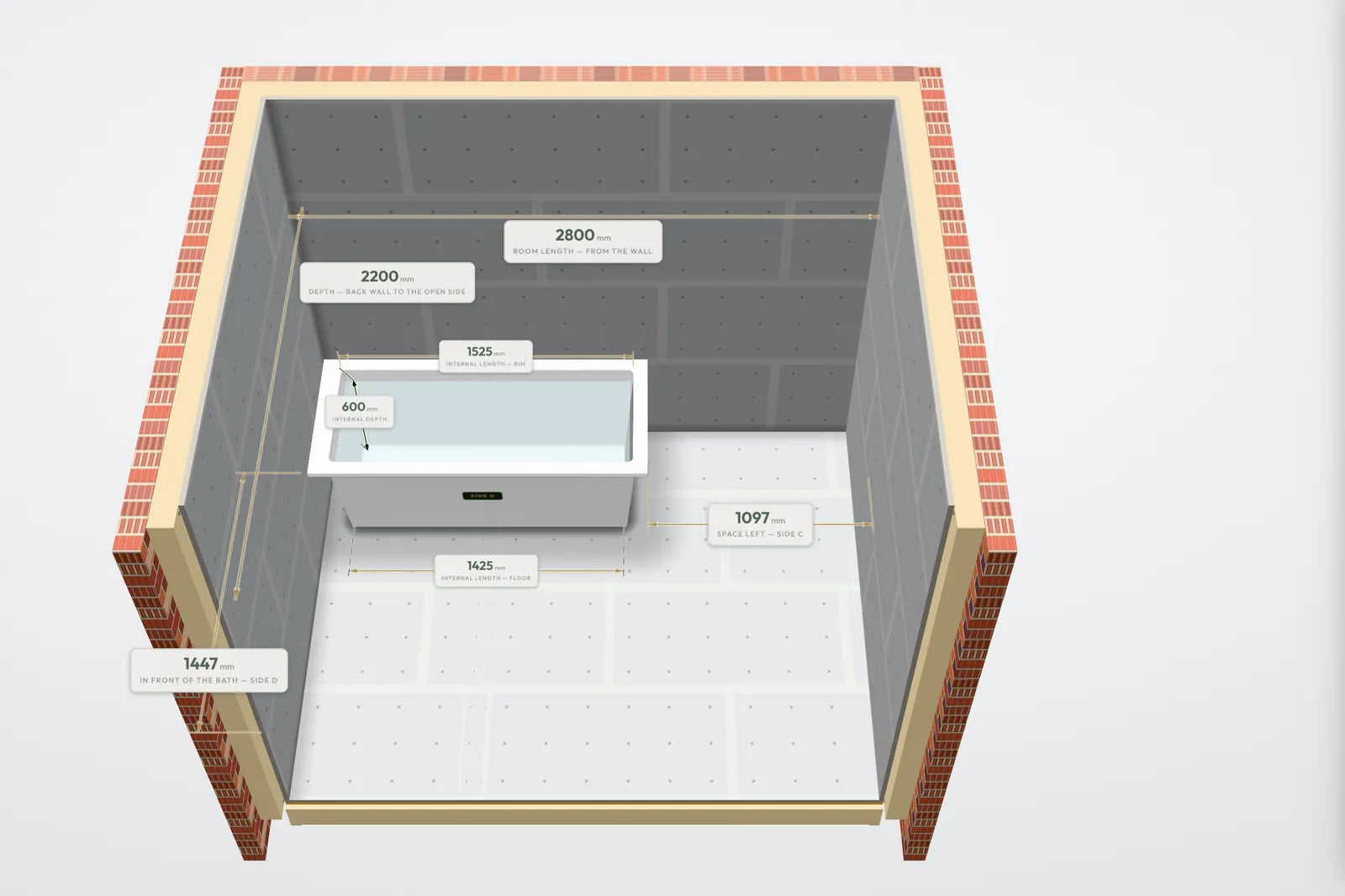 The Drawing Room: a 2,800 × 2,200 mm room drawn to scale in bare backerboard, with a 1700 × 750 mm bath placed in the back-left corner and the space left measured